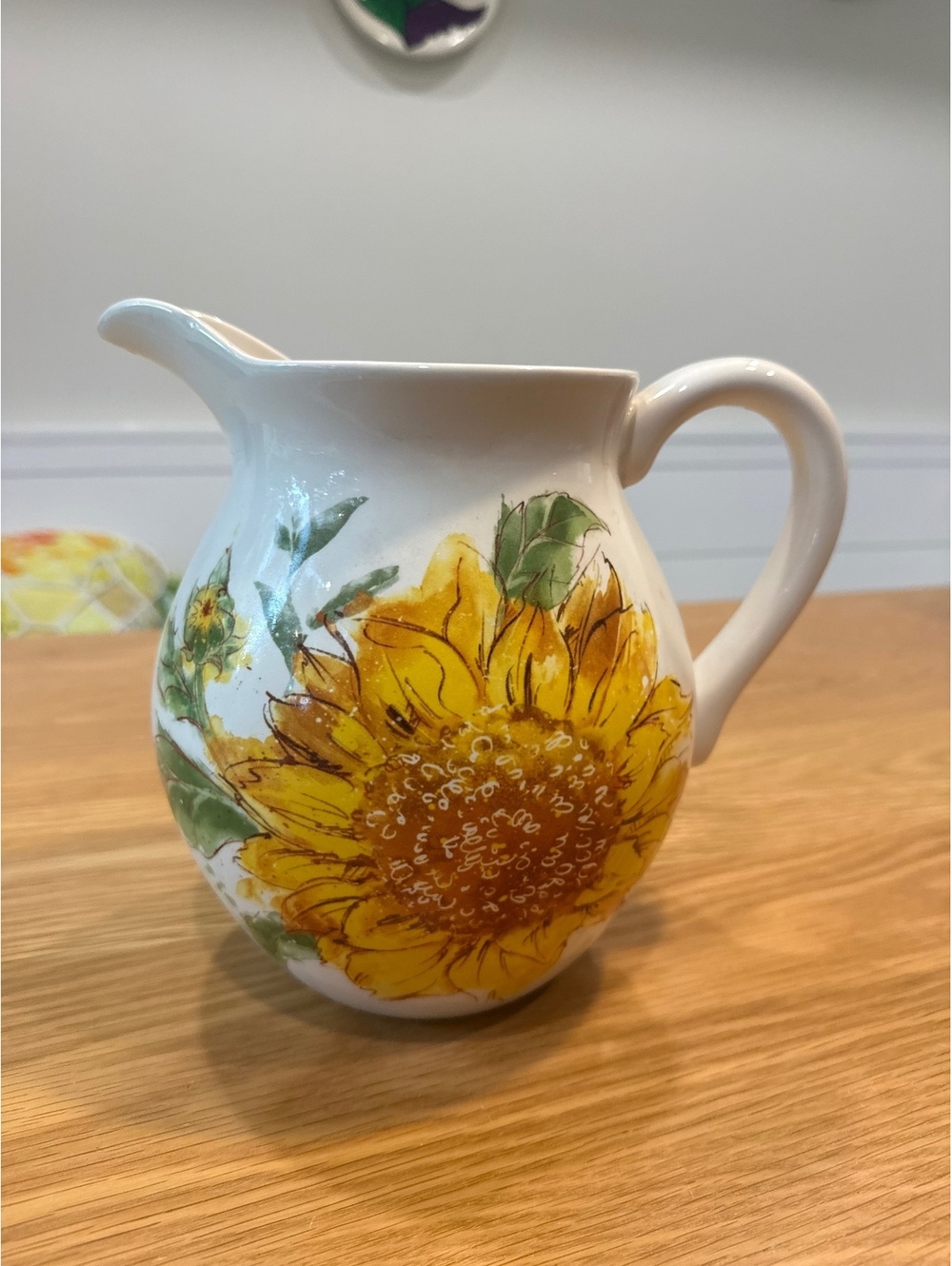 Pier One Imports Ceramic Pitcher with Hand-Painted Sunflower Design, 12 Inches